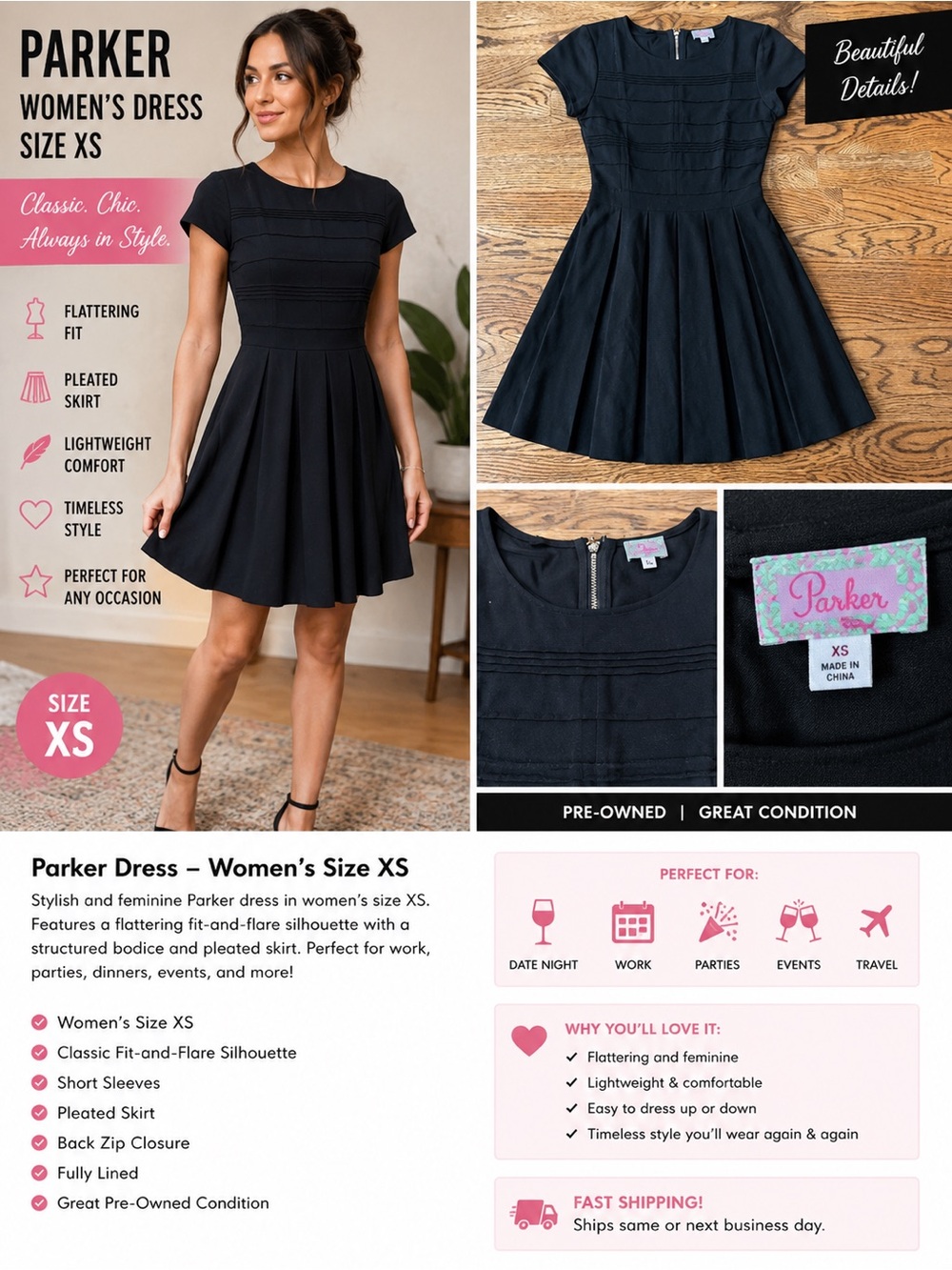Parker Black Pleated Fit-and-Flare Mini Dress Size XS LITTLE BLACK DRESS LBD